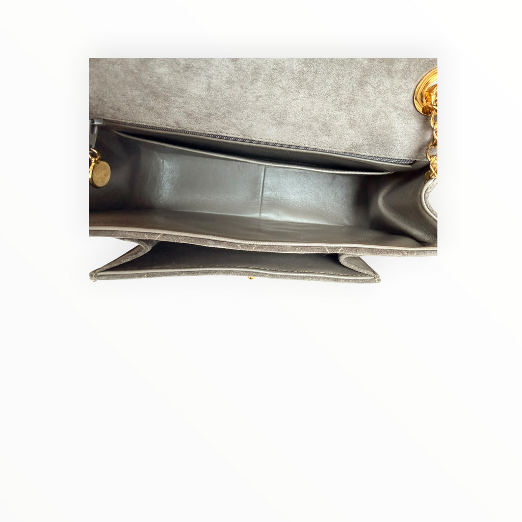 Chanel Vintage Half Moon Pleated Matelasse Bag in Gray Velour with Bijoux Chain