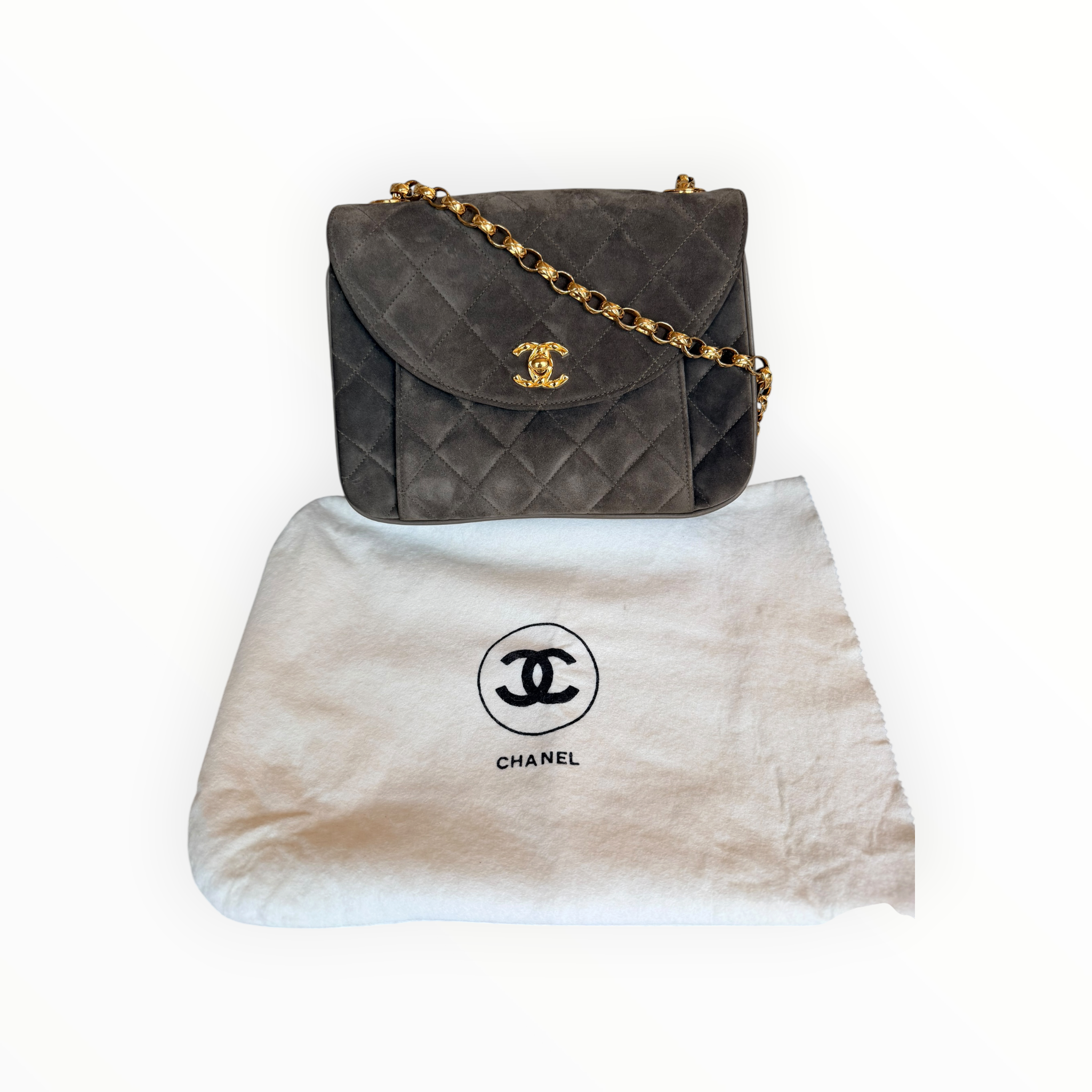 Chanel Vintage Half Moon Pleated Matelasse Bag in Gray Velour with Bijoux Chain