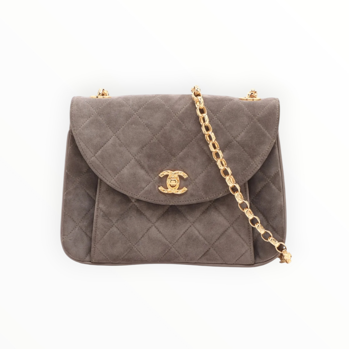 Chanel Vintage Half Moon Pleated Matelasse Bag in Gray Velour with Bijoux Chain