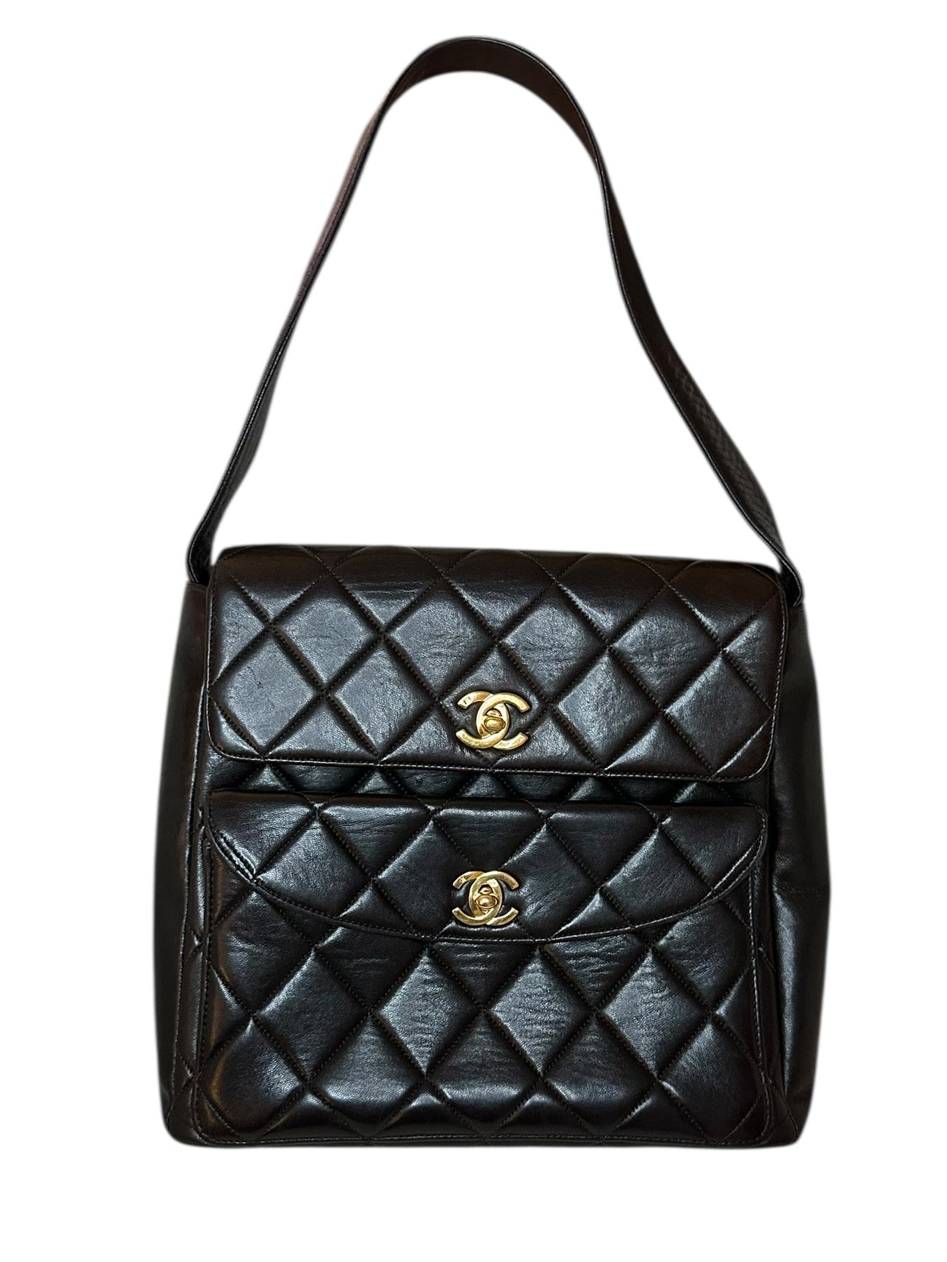 Chanel 1996-1997 Double Turnlock Shoulder Bag - Black Lambskin Leather, 24k Gold Plated Hardware