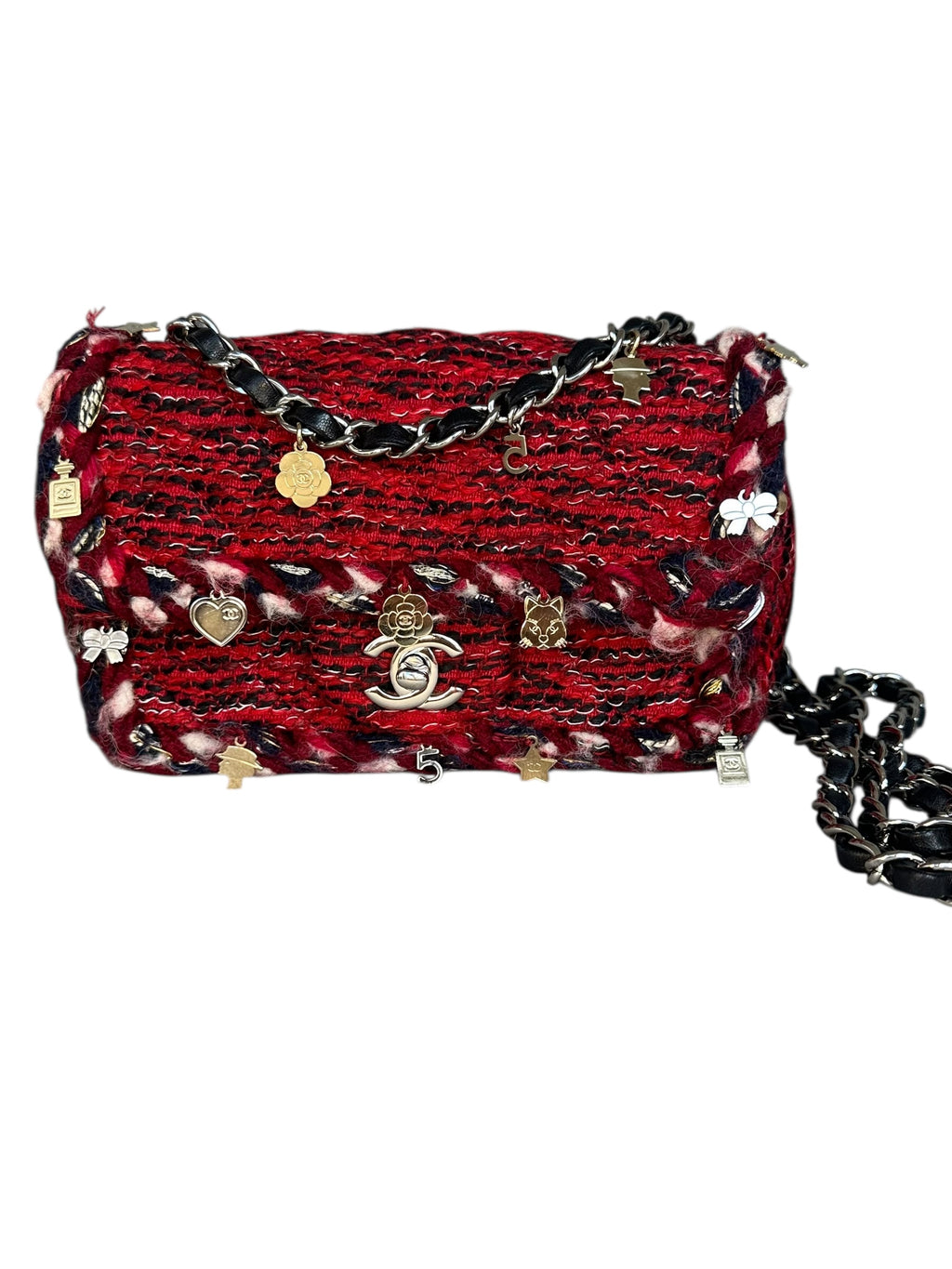 Chanel Mini Flap Braided Trim with Charms - Red Tweed, Silver Hardware