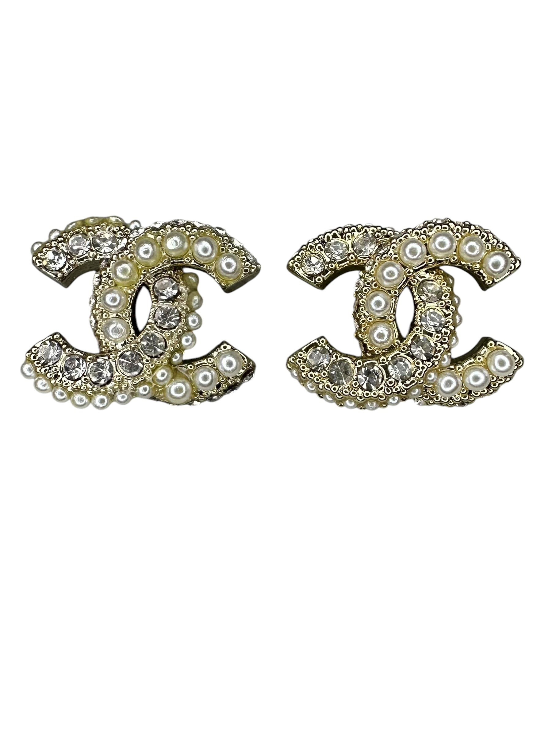 Chanel Crystal and Pearl CC Earrings - Gold Tone