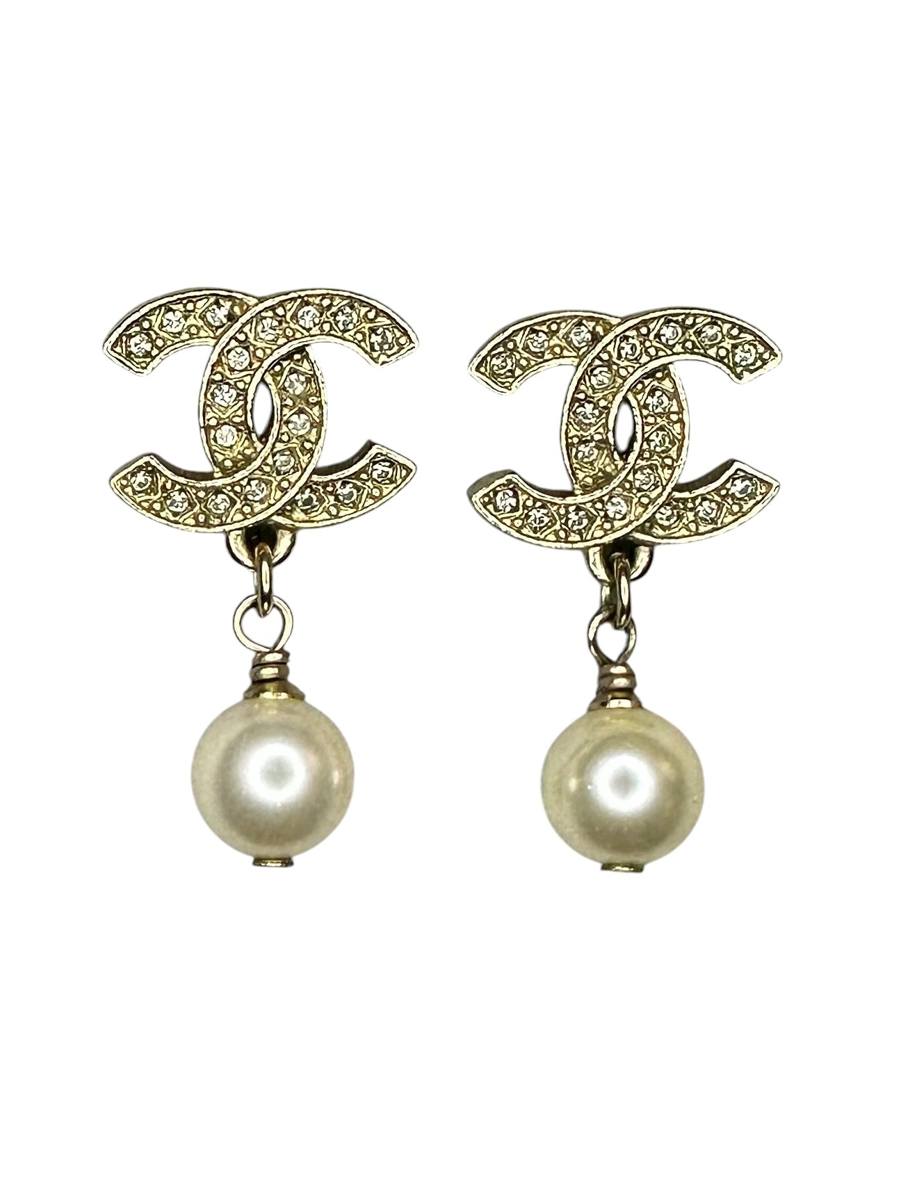 Chanel Crystal Pearl Drop CC Earrings - Gold