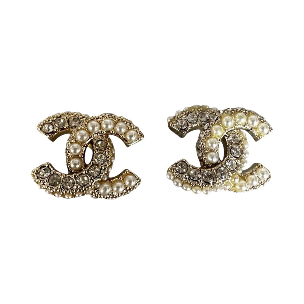 Chanel Crystal and Pearl CC Earrings - Gold Tone