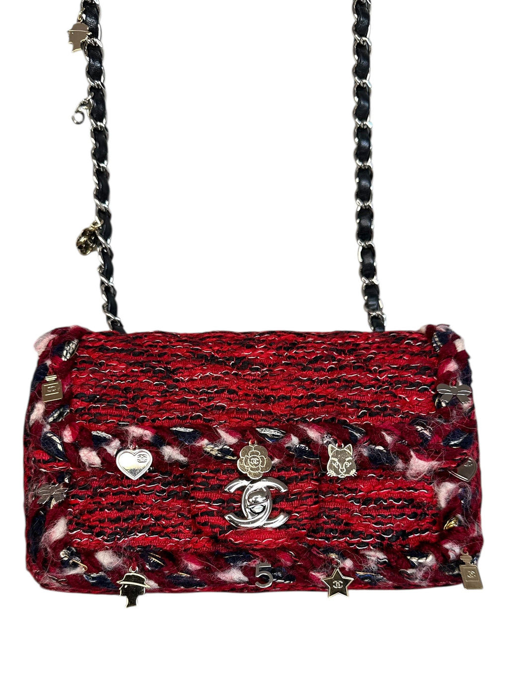 Chanel Mini Flap Braided Trim with Charms - Red Tweed, Silver Hardware