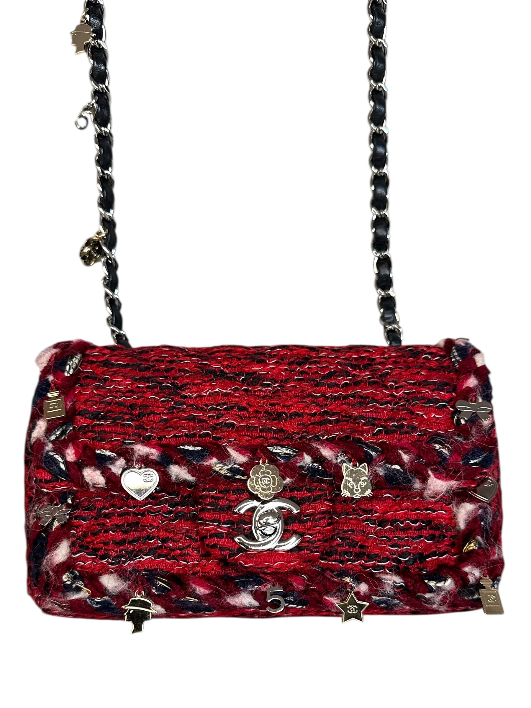 Chanel Mini Flap Braided Trim with Charms - Red Tweed, Silver Hardware