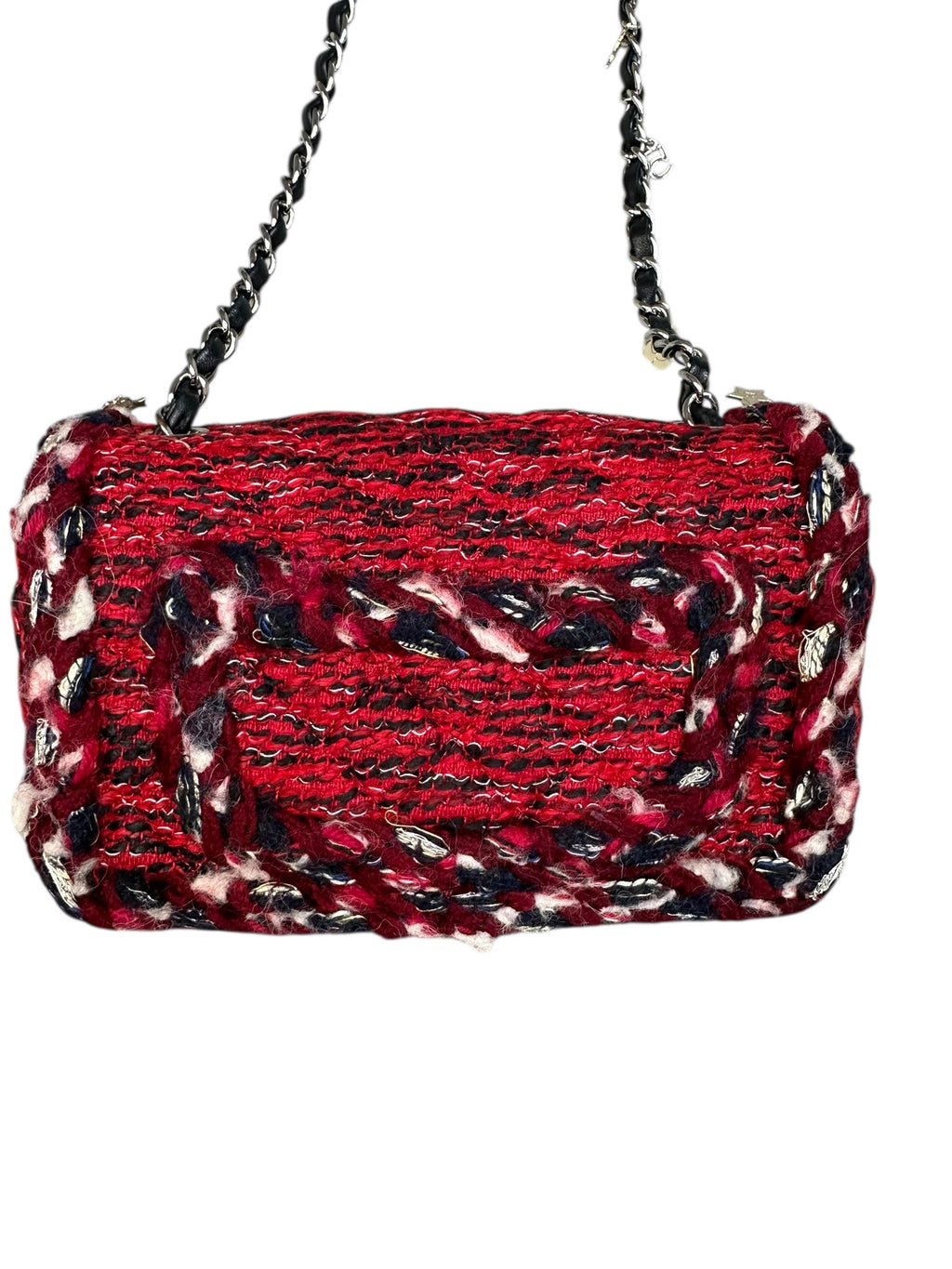 Chanel Mini Flap Braided Trim with Charms - Red Tweed, Silver Hardware