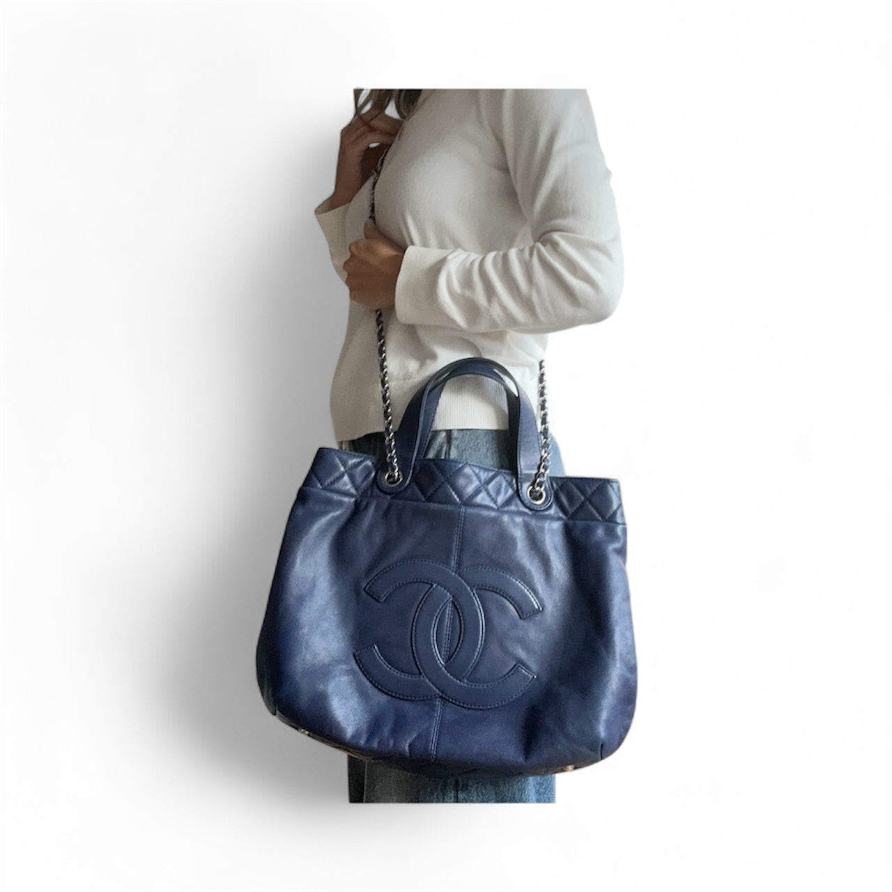 Chanel 2014 Trianon Large Lambskin Tote - Navy Blue, Silver Hardware