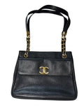 Chanel 1991-1994 Vintage Double-Sided Turnlock Shoulder Bag in Caviar Leather - Black, GHW