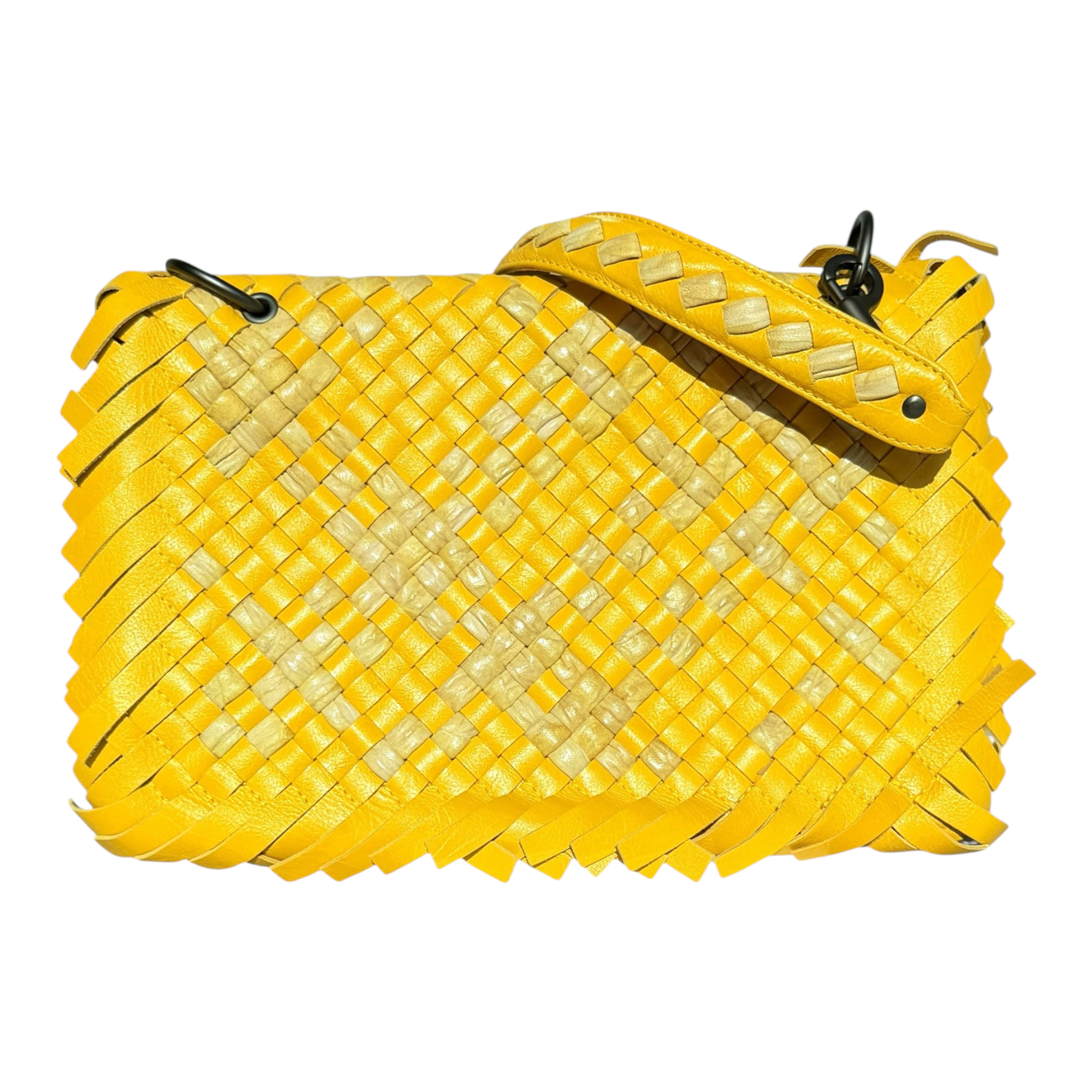 Bottega Veneta Raffia‑Effect Fringe Intrecciato Shoulder Bag in Yellow